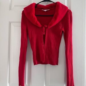 Red Cardigan Faux Fur collar tie front (collar removable)